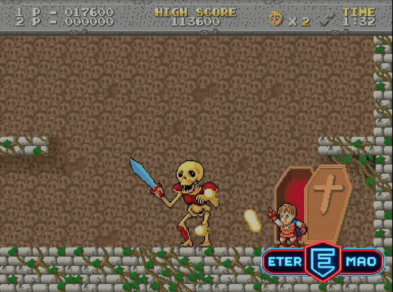Combate contra Skeleton Warrior, el primer jefe de Legend of Hero Tonma, en la longplay 1LC del arcade de 1989