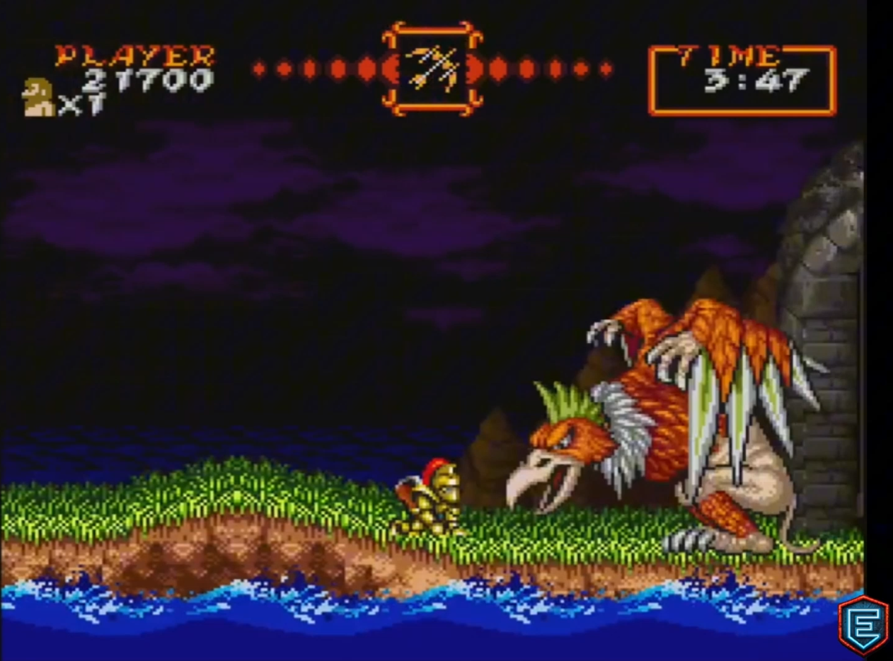 Combate contra el jefe Cockatrice en Choh Makaimura, versión japonesa de Super Ghouls'n Ghosts