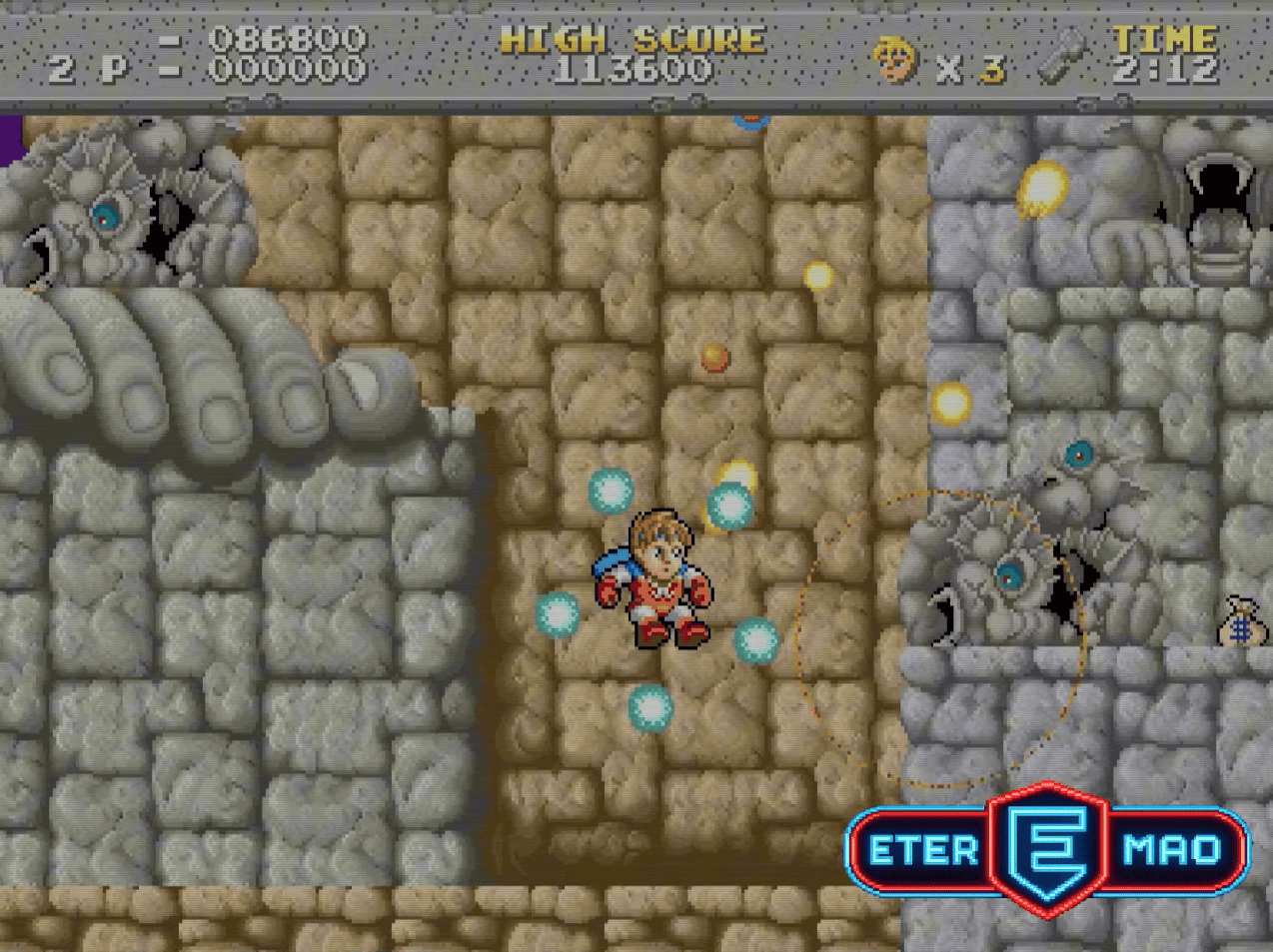 Fase 4: Estatua en Legend of Hero Tonma, mostrando la variedad de escenarios del arcade de Irem (1989) antes de enfrentarse a los Twin Thunder Giants