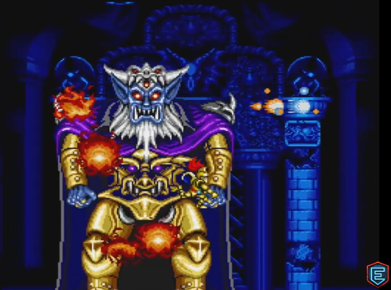 Golpe de gracia al jefe final Samael en Choh Makaimura, con los fuegos de la Sala del Trono consumiéndose
