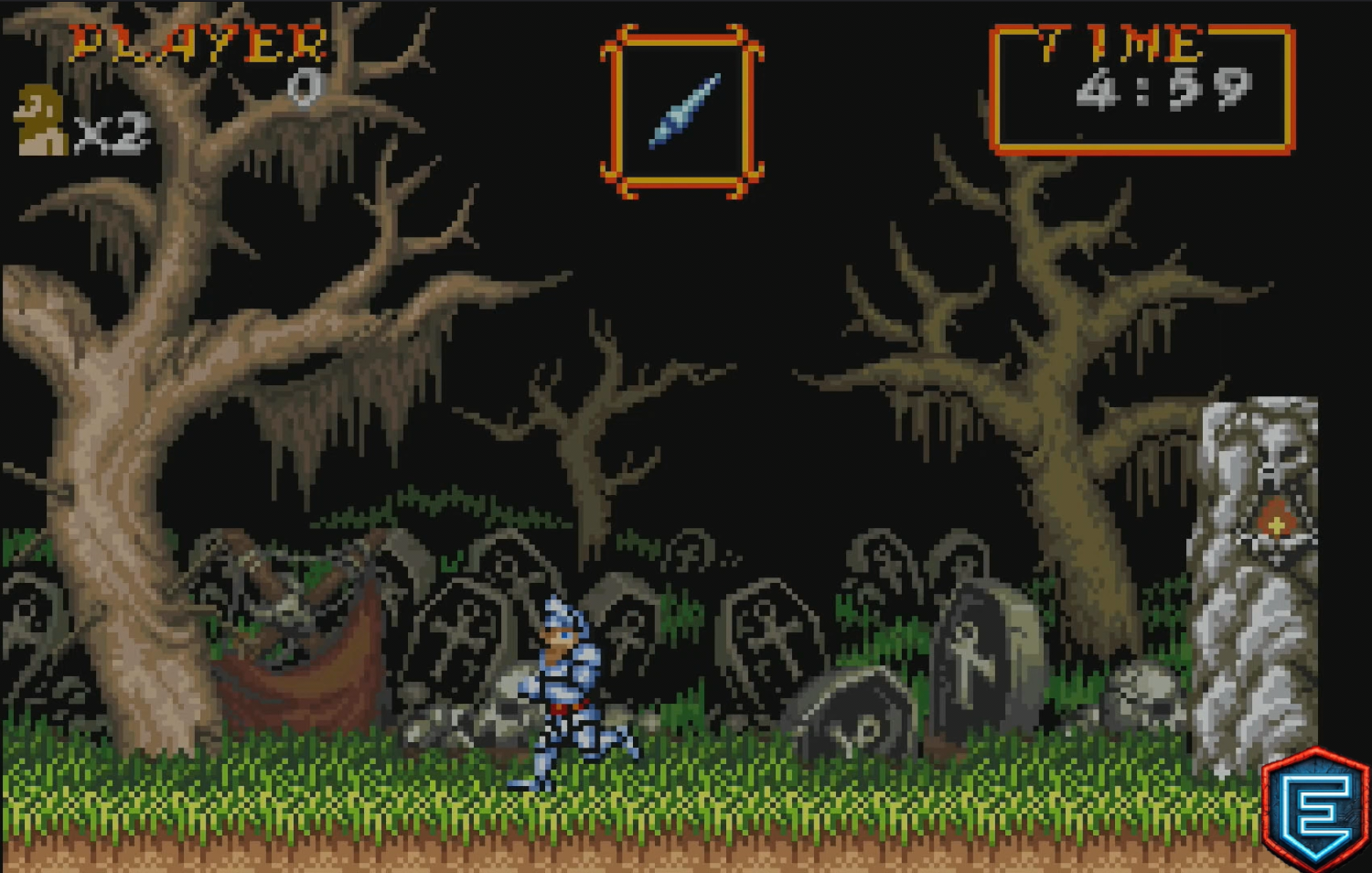 Arthur con armadura dorada en el Cementerio Maldito, Super Ghouls'n Ghosts GBA Arrange Mode