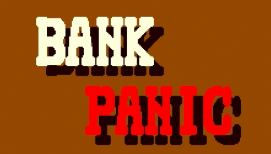 Logotipo de Bank Panic en formato panorámico, recorte de la pantalla de título del arcade de Sega de 1984
