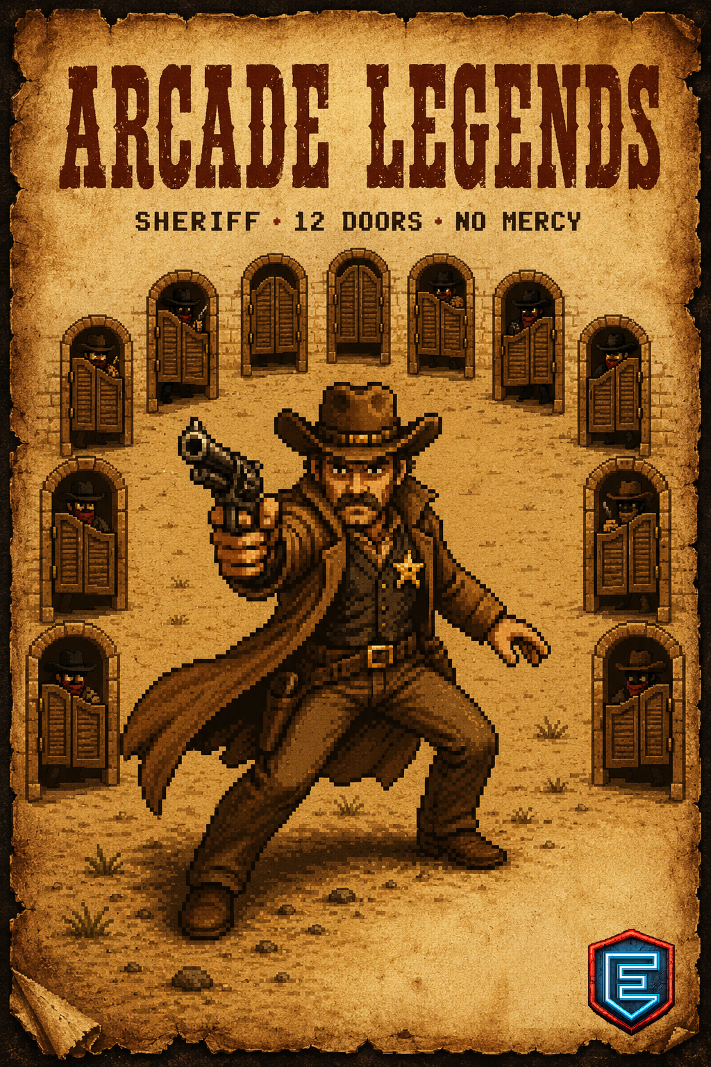 Póster arcade retro de Bank Panic estilo wanted del Lejano Oeste, ilustración pixel art de un sheriff con las doce puertas del banco de fondo - Arcade Legends
