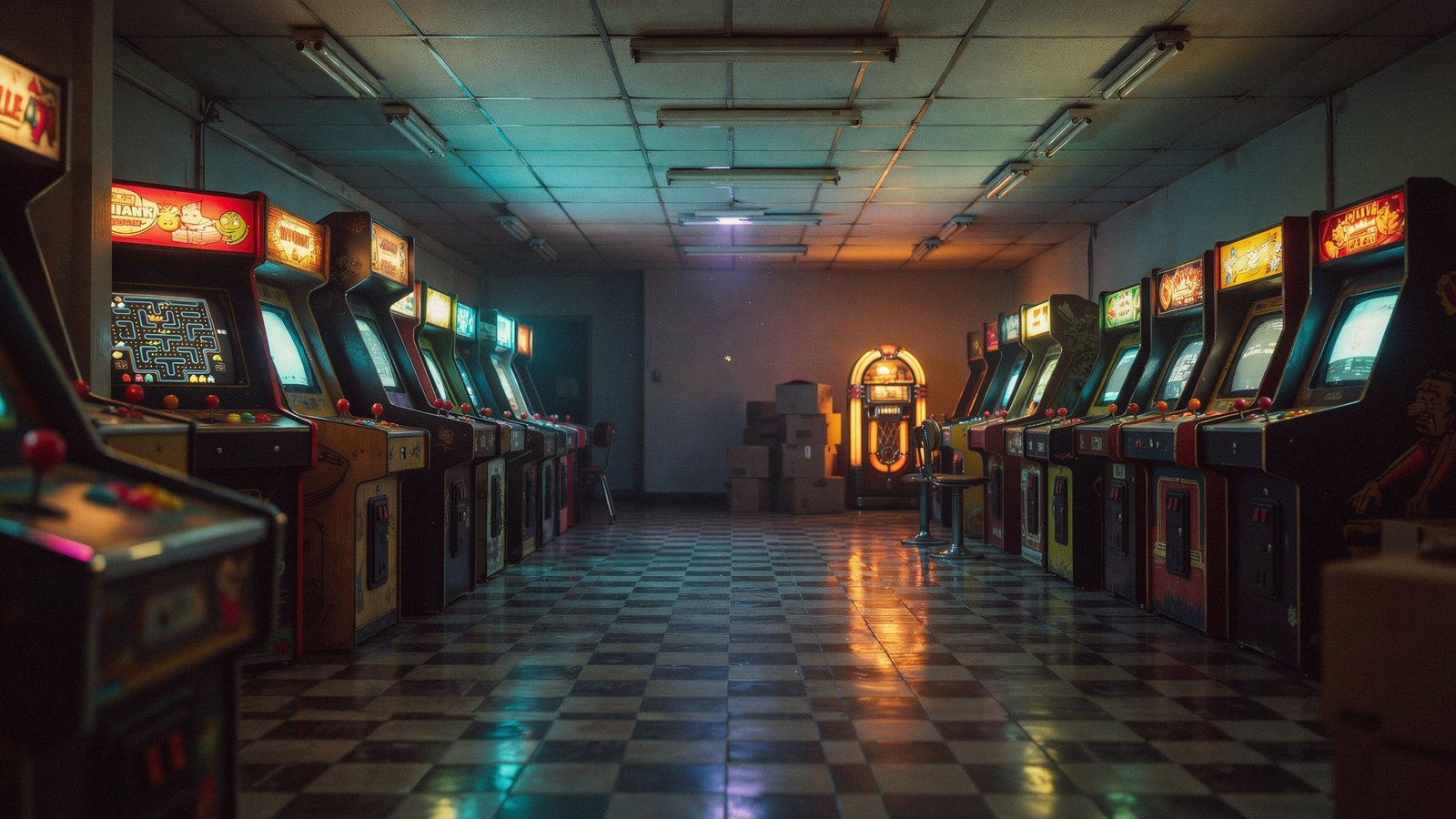 Salón recreativo arcade años 80 con máquinas clásicas